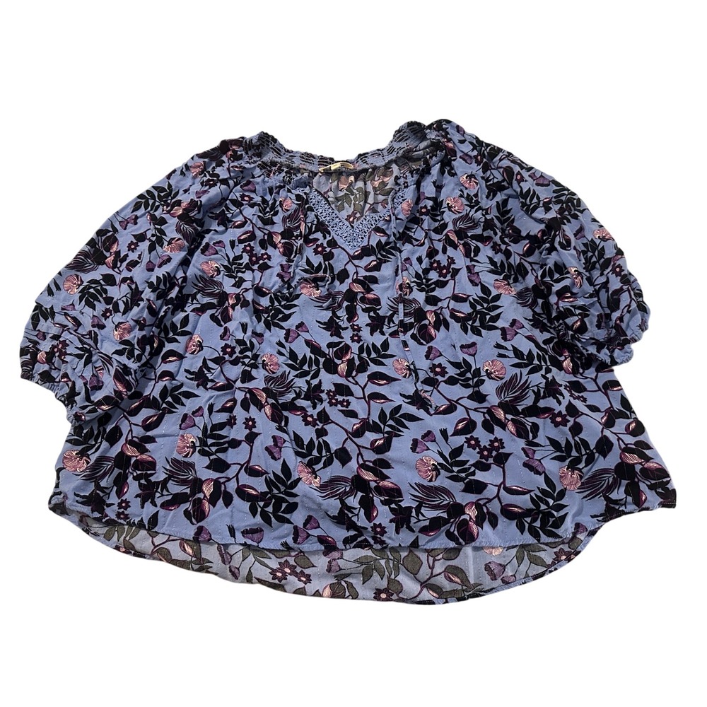 Como Blu Women Blue Floral Peasant Blouse Metallic Stripe Tassel Top L2U099RW